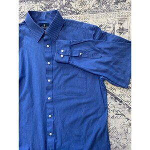 Stafford Mens Travel Button Shirt 16 34-35 Regular Fit Blue Striped Long Sleeve